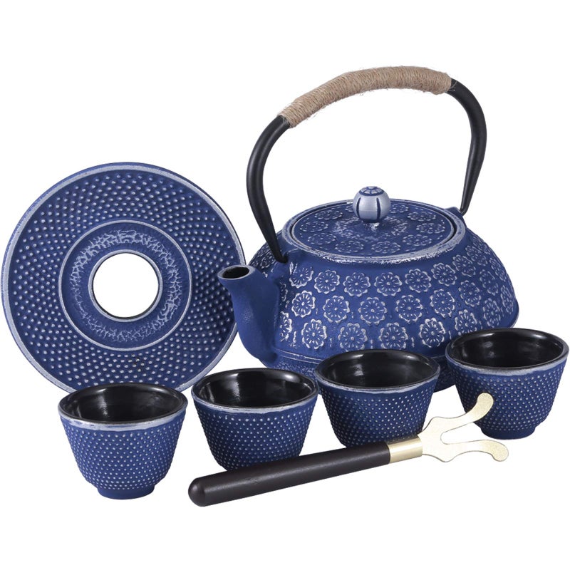 U-Fine Ufine Blue Floral Cast Iron Teapot Set Japanese Style Tetsubin Tea Kettle with 4 Cups, Stainless Steel Infuser for Stove Top Tea Brewing 28 oz - Image 1